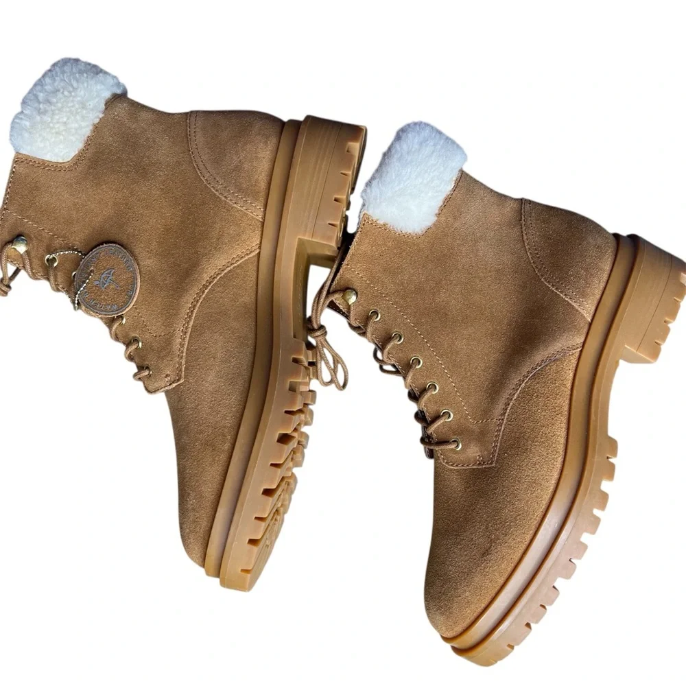 Lauren Ralph Lauren Carlee suede tan combat lace-up 
boots fauxshearling 8.5 New - Picture 5 of 12